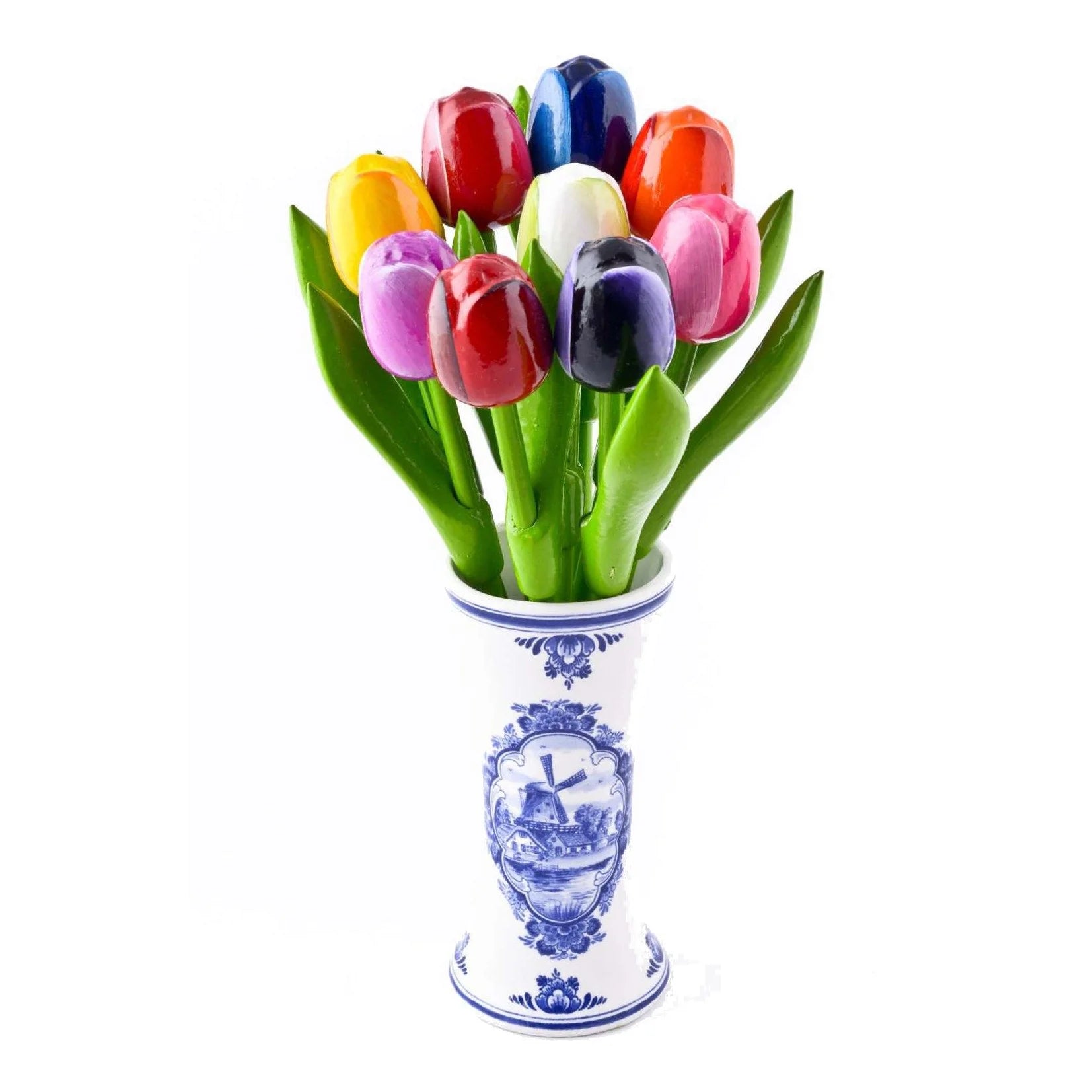 Mini Wooden Tulips in Delft Blue Ceramic Vase